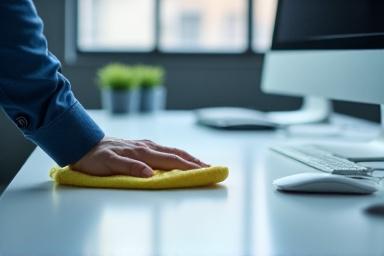 Office desk being cleaned with attention to detail